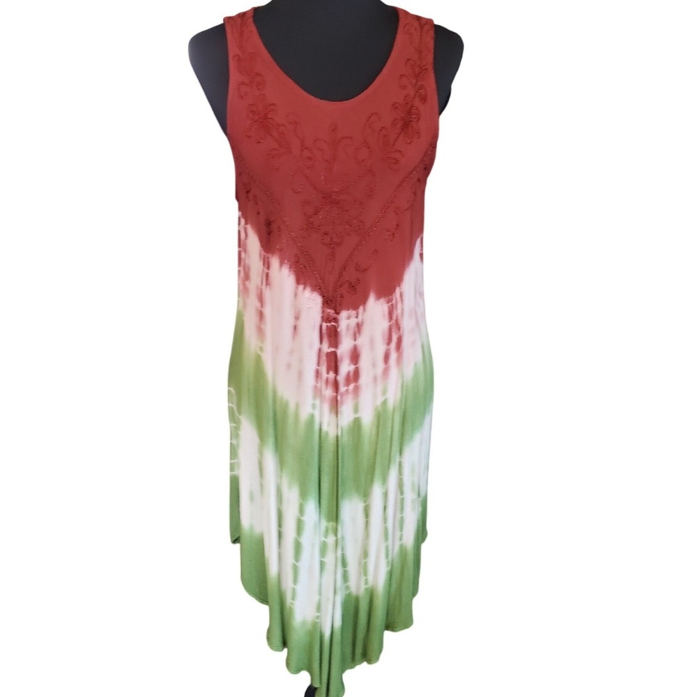 Cute Options Tie Dye Embroidered Boho Handkerchief‎ Hem Dress Red Green OS